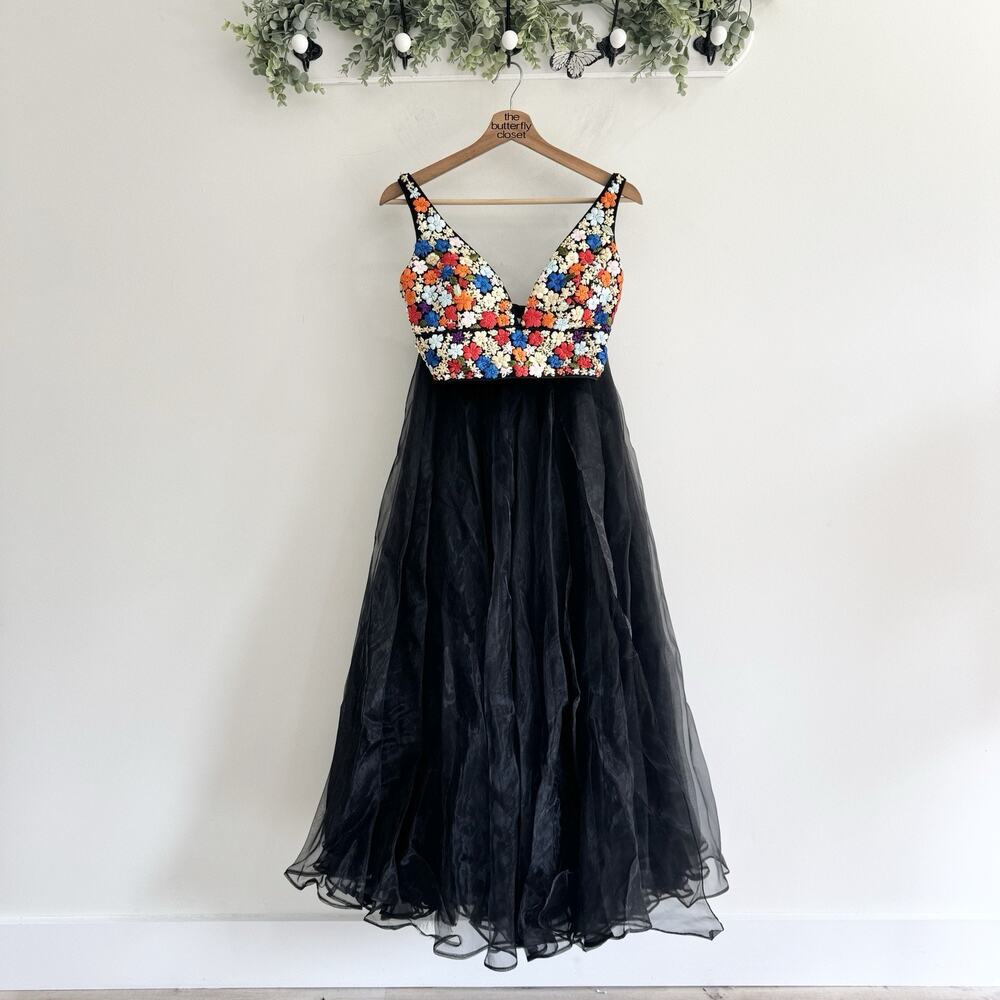 Sherri Hill Floral Embroidered Chiffon Prom Formal Dress 2 Piece Tulle Size 2